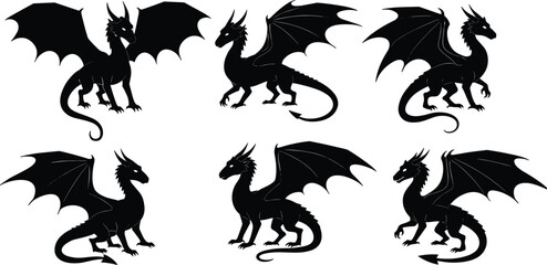 Black dragon silhouettes in various poses with wings, horns, claws, and spiked tails, fantasy creature vector illustration design collection