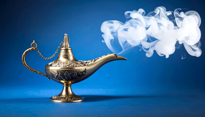 turbulence of white steam, abstract smoke, go out from genie lamp on dark blue color 