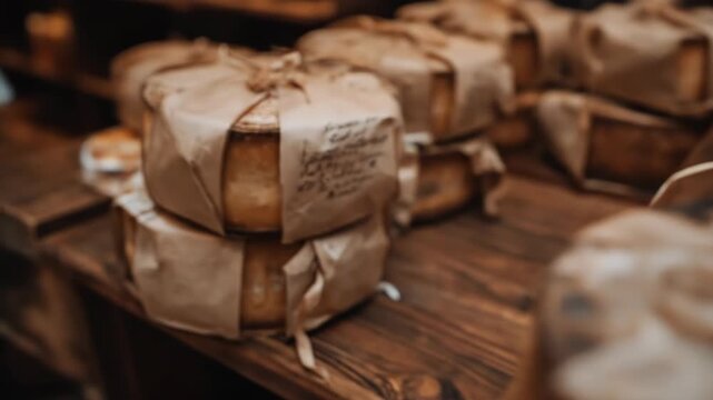 Baked goods wrapped in paper, tied with string, on a wooden surface
