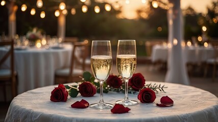 Two glasses of champagne with red roses and petals on a festive table, romantic evening wedding celebration with lights in the background.