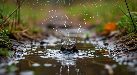 Close up of water droplets creating a crown shape in a puddle on a rainy day in nature setting ai generated