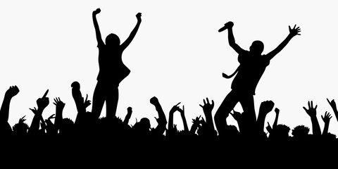 Silhouette of cheering crowd with raised hands at a concert