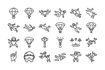 Skydiving Vector Icon Set. Parachute, Jumping, Freefall, Tandem Skydiving, Airplane, Helmet, Skydiving Gear, and More. Editable Stroke. Vector Illustration.