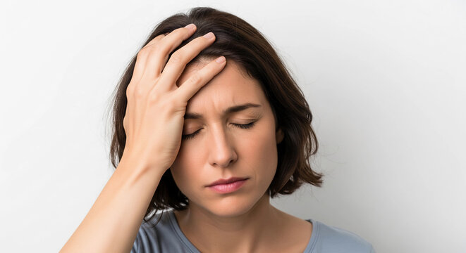 Young woman experiencing a deep headache or overwhelming stress, holding her hand to her forehead with closed eyes, conveying profound discomfort and fatigue