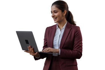 Smiling Indian Businesswoman in Maroon Suit Holding Laptop, Side Angle, Isolated on Transparent Background