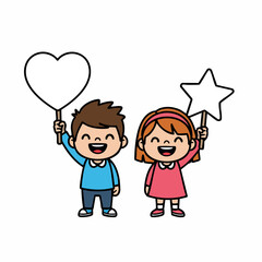 Cute Handdrawn Boy and Girl Holding Heart and Star Shape Sign Characters