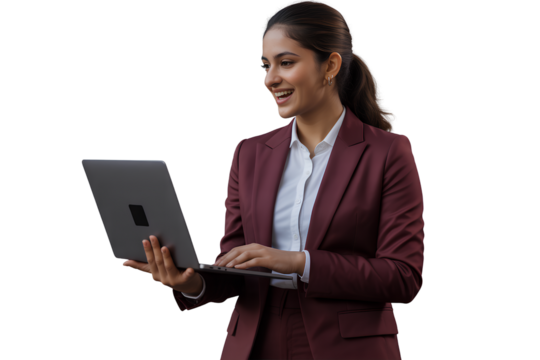 Smiling Indian Businesswoman in Maroon Suit Holding Laptop, Side Angle, Isolated on Transparent Background