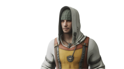 Charming medieval adventurer with hood and detailed armor looking thoughtfully ahead, ready for fantasy quest