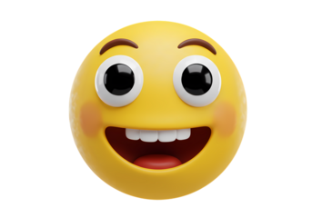 3D Rendered Smiley Face Emoji Happy Expression Big Eyes Wide Grin isolated on transparent background