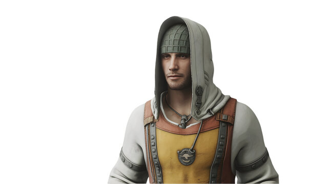 Charming medieval adventurer with hood and detailed armor looking thoughtfully ahead, ready for fantasy quest - Powered by Adobe