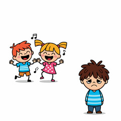 Cartoonish Illustration Depicting Happy Children and Sad Child Emotional Scene