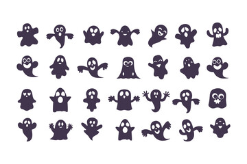Set of Cute Ghost Icons. Collection of funny and spooky Halloween characters with various emotions and expressions. Flat design cartoon spirit silhouettes Vector illustration