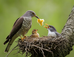 Fototapeta premium A Cuckoo feeding its chick in a nest built on a tree branch. A red-winged blackbird.