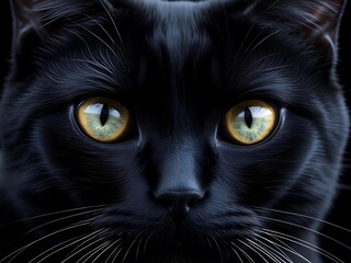 Mesmerizing Gaze Close-Up Portrait of a Sleek Black Cat with Intense Golden Eyes