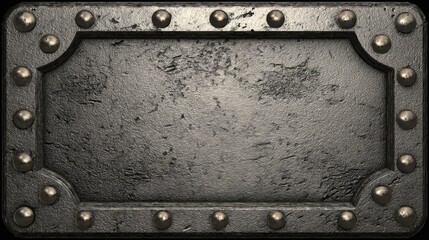 Antique metal plaque with rivets and aged texture on dark metallic surface