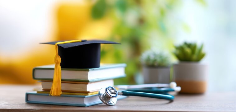 The graduation cap rests atop a stack of medical books with a stethoscope.