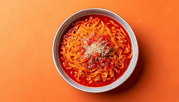 Korean ramyeon noodles, bright red gochujang sauce coating