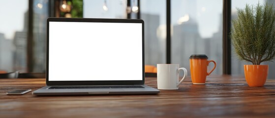 The laptop on a wooden table with coffee and plants in a bright workspace.