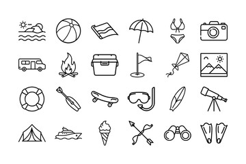 Summer Vector Icon Set. Beach, Sun, Ball, Tent, Camera, Flag, Fire, Ice Cream, Boat, Skateboard, and More. Editable Stroke. Vector Illustration.