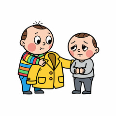 Whimsical Handdrawn Illustration of Boy Comforting Friend with Jacket Clipart