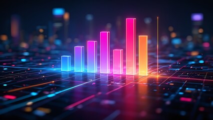 Vibrant neon glowing bar graph chart with colorful lights and bokeh effects on a dark futuristic technological background representing data analysis and financial growth