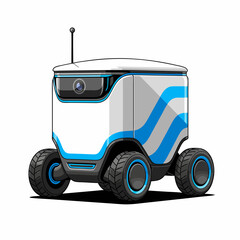 Futuristic autonomous delivery robot with four wheels and a camera for contactless service.