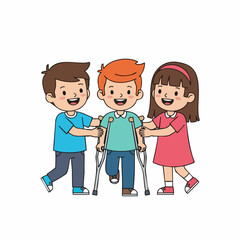 Flat Cartoon Happy Kids Helping Friend Using Crutches Illustration