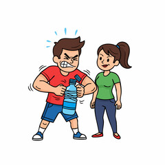 Cartoon Illustration Angry Man Opening Plastic Bottle with Girlfriend Watching