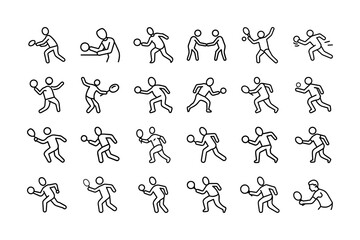 Tennis Player Vector Icon Set. Athlete, Racket, Table Tennis, Sports Action, Running, Player, Game, and More. Editable Stroke. Vector Illustration.