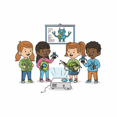 Handdrawn Friendly Children Watching Monster Presentation in Classroom Illustration