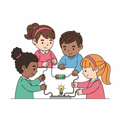 Flat Design Multiethnic Children Experimenting with a Simple Electrical Circuit Illustration