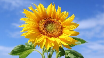 Obraz premium Close up vibrant sunflower against clear blue sky showing bright yellow petals and detailed textured center, summer nature, floral beauty, growth, bloom, sunshine, outdoors