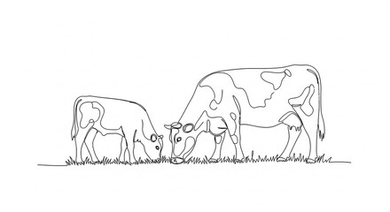 Two Australian Cows eating grass line art hand drawn illustrations milk calf animal grazing symbol and beef meat dairy farm concept on white background