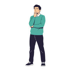 Man in contemplation: A man thoughtfully contemplates, his hand to his chin, capturing a moment of deep reflection. This illustration captures the essence of thought and decision-making
