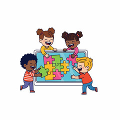 Colorful Cartoon Group of Diverse Kids Assembling Jigsaw Puzzle Illustration