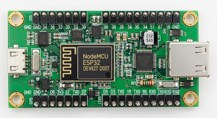 A detailed, top-down view of a NodeMCU ESP32 development board on a white background. The image showcases the green printed circuit board (PCB) with its integrated circuits, microchips