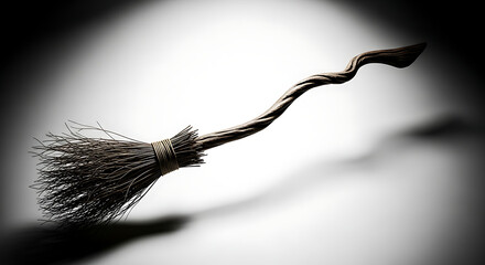 A witch's broom with a twisted wooden handle and straw bristles casting a shadow on a white background ai generated