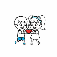 Cheerful Handdrawn Boy and Girl Sharing a Pot Friendship Illustration