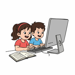 Cartoon Smiling Children Learning with Computer at Desk Education Illustration