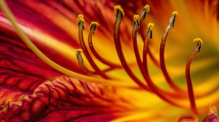 Abstract close up of vibrant yellow and crimson red petals of Hemerocallis Crimson Pirate daylily, ornamental summer flower in horizontal macro detail with natural botanical pattern