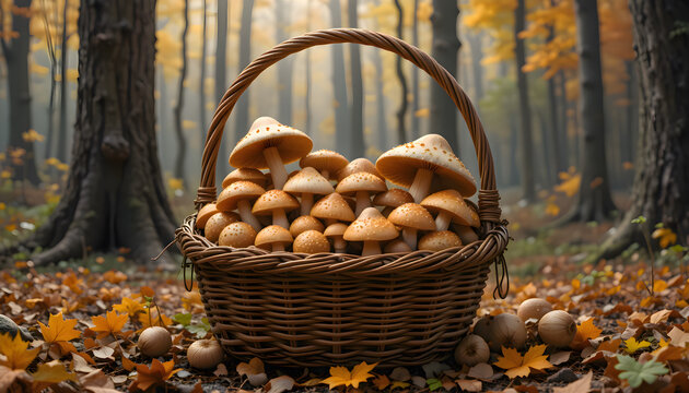 Basket filled with freshly harvested mushrooms placed on the ground outdoors, representing natural food collection, fungi harvest and organic lifestyle scene