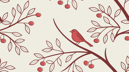 Red Bird Perched on Branch Amidst Berries and Leaves