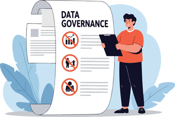 Man holding a clipboard with data governance guidelines displayed on a rolled-up document.