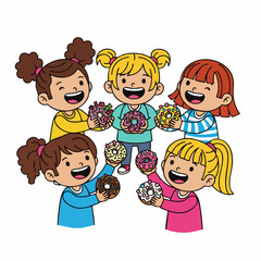 Colorful Cartoon Style Cheerful Girls Holding Delicious Donuts Illustration