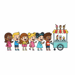 Cartoon Style Illustration of Children Lining up at Ice Cream Cart