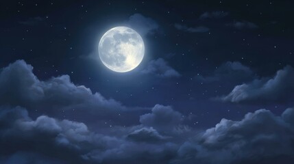 Enchanting full moon illuminates night sky with mystical clouds and stars
