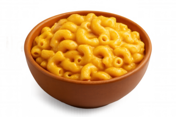 Melted cheese coating elbow macaroni, served in rustic terracotta bowl against transparent backdrop
