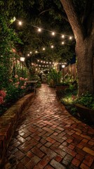 Fototapeta premium Nighttime garden path, lit by string lights