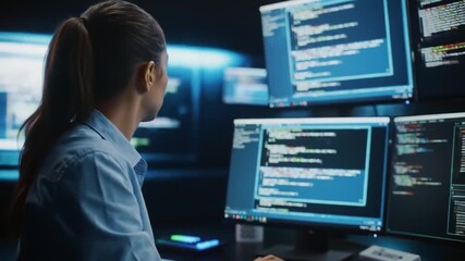 Professional woman coding in data center with multiple displays for analytics - Powered by Adobe