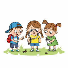 Cute Cartoon Children Exploring Nature with Magnifying Glass Illustration